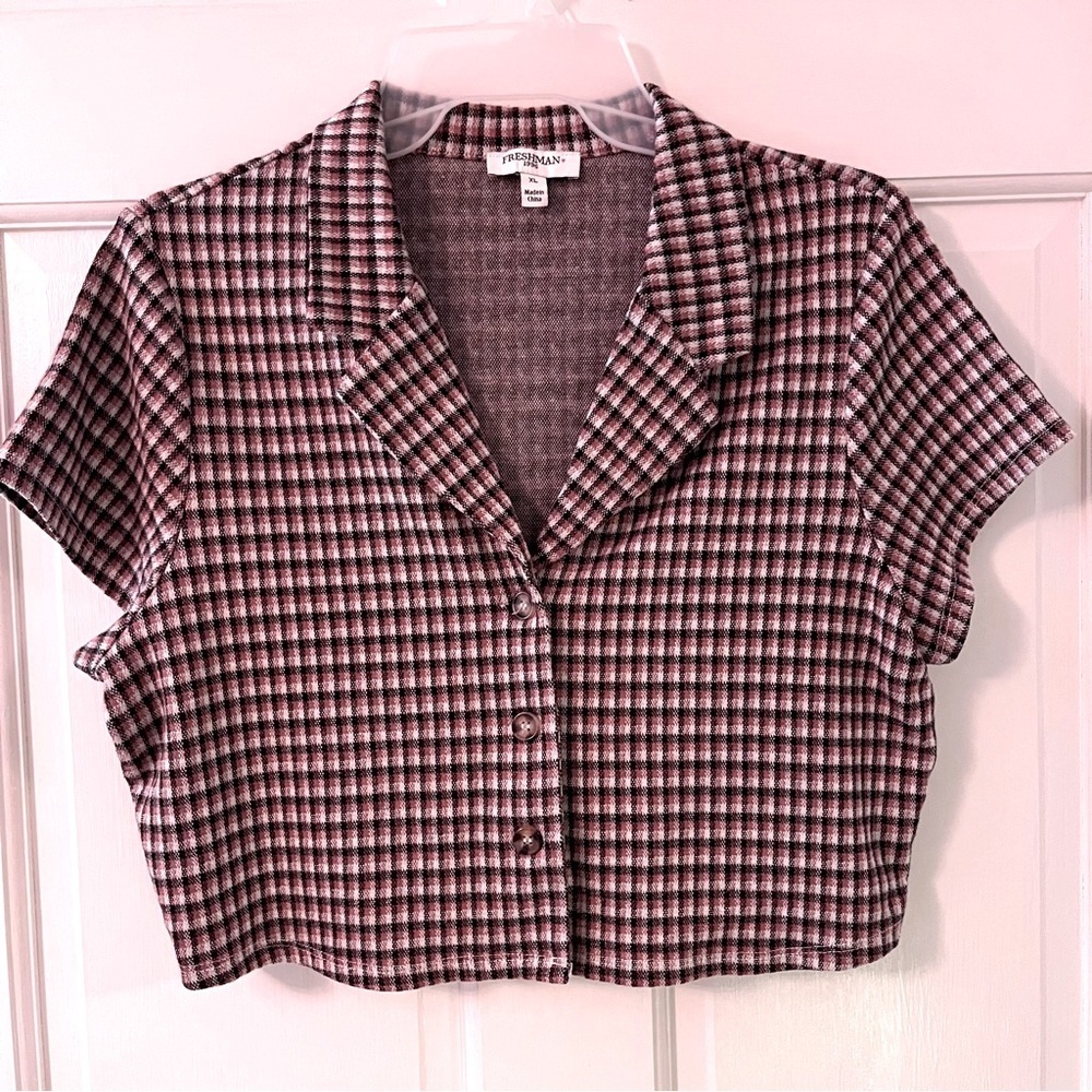 Juniors Plaid Button-up Short Sleeve Collared Crop Top